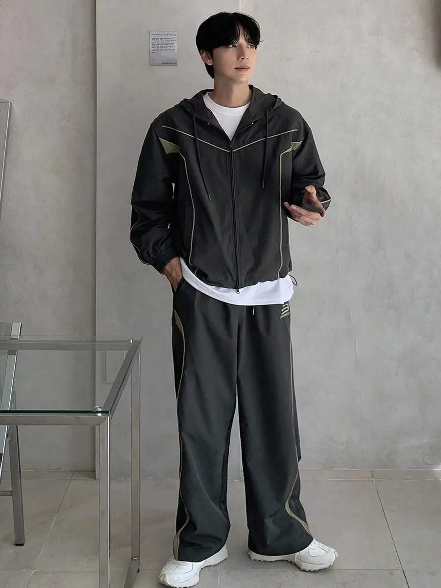 パッチワーク カラーブロック装飾 ラインとレター刺繍 ストリートウェア ジャケット セット