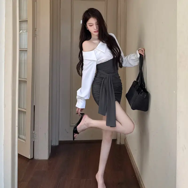 ワンピース 配色 オフショルダー ランタンスリーブ デザイン感