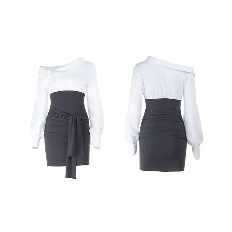 ワンピース 配色 オフショルダー ランタンスリーブ デザイン感