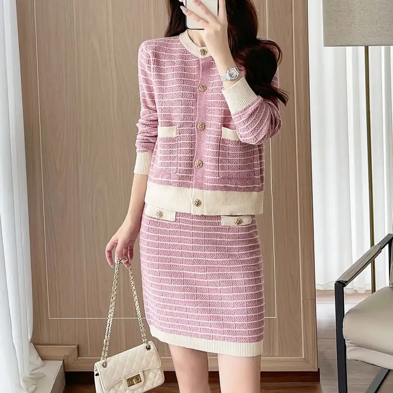 セットアップ トップス+スカート ニット ストライプ柄 配色 ピンク