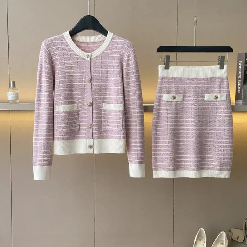 セットアップ トップス+スカート ニット ストライプ柄 配色 ピンク