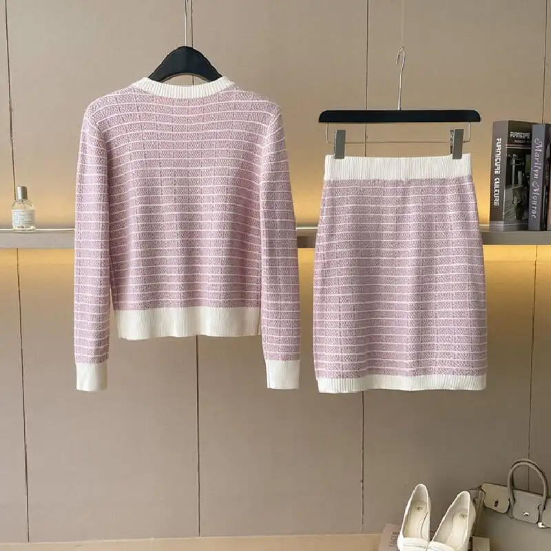 セットアップ トップス+スカート ニット ストライプ柄 配色 ピンク