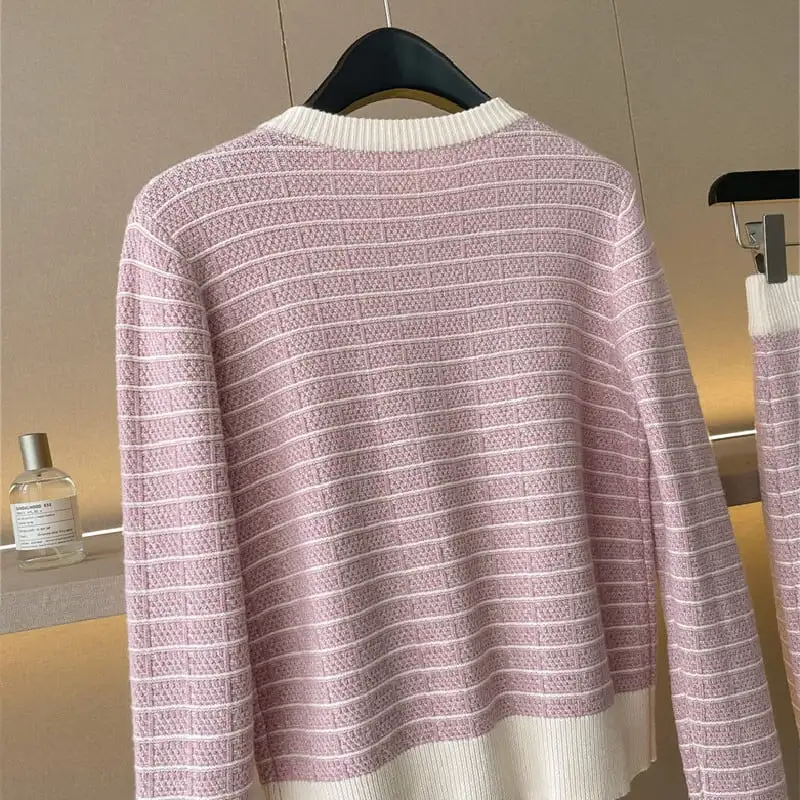 セットアップ トップス+スカート ニット ストライプ柄 配色 ピンク