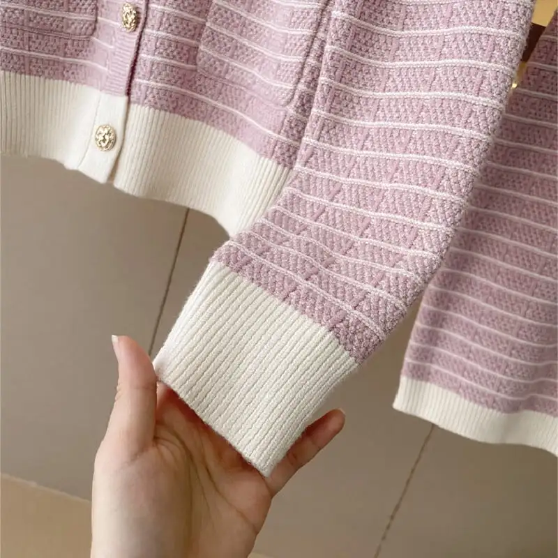 セットアップ トップス+スカート ニット ストライプ柄 配色 ピンク