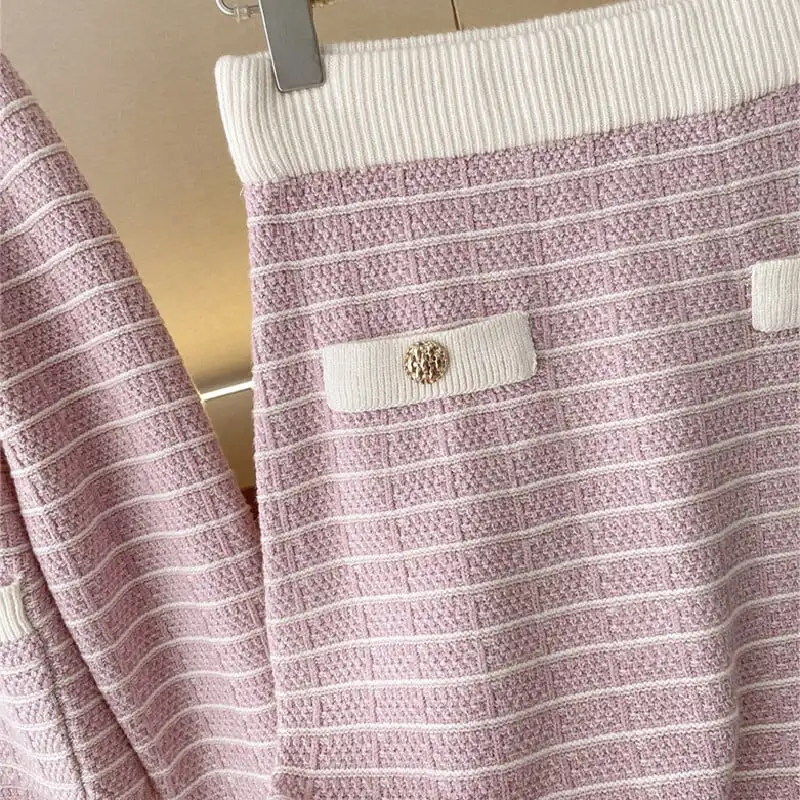 セットアップ トップス+スカート ニット ストライプ柄 配色 ピンク