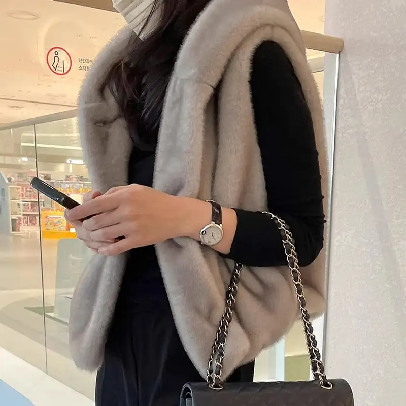 ベスト 2色展開 ミンク風 ゆるい フード付き グレー ベージュ