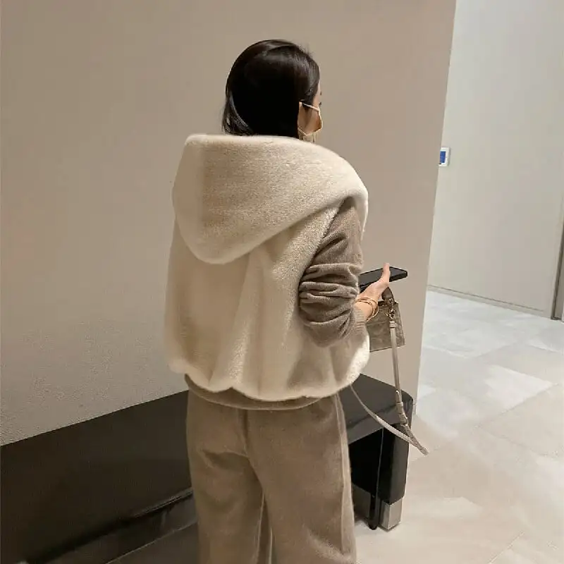 ベスト 2色展開 ミンク風 ゆるい フード付き グレー ベージュ