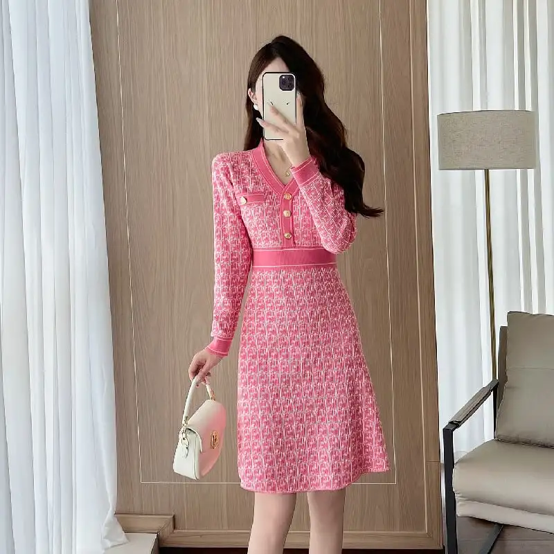 ワンピース Vネック Aライン 配色 おしゃれ ピンク