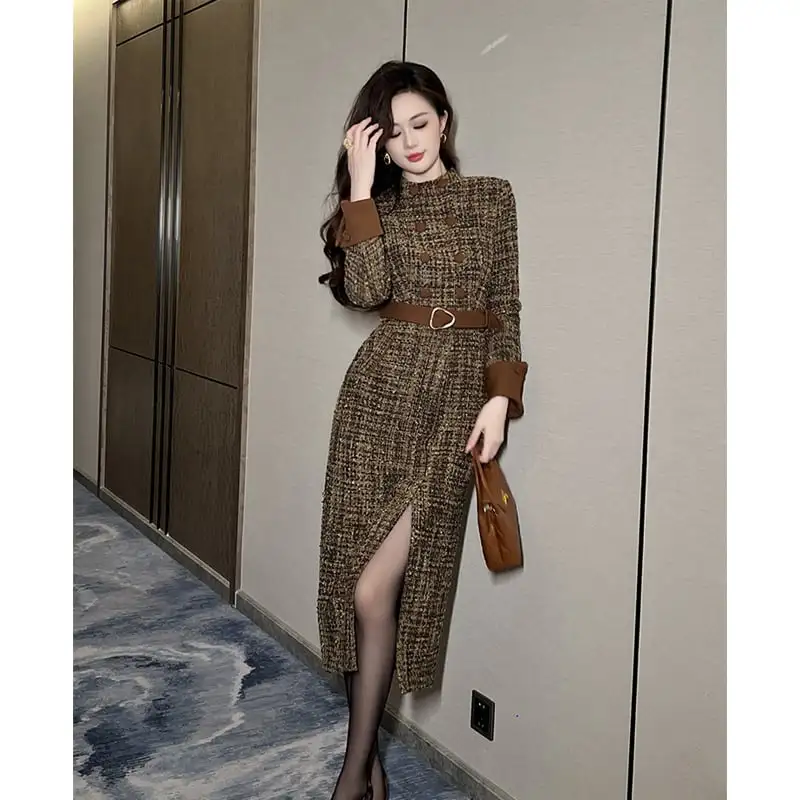 ワンピース ダブルブレスト 気質満点 スリット ブラウン