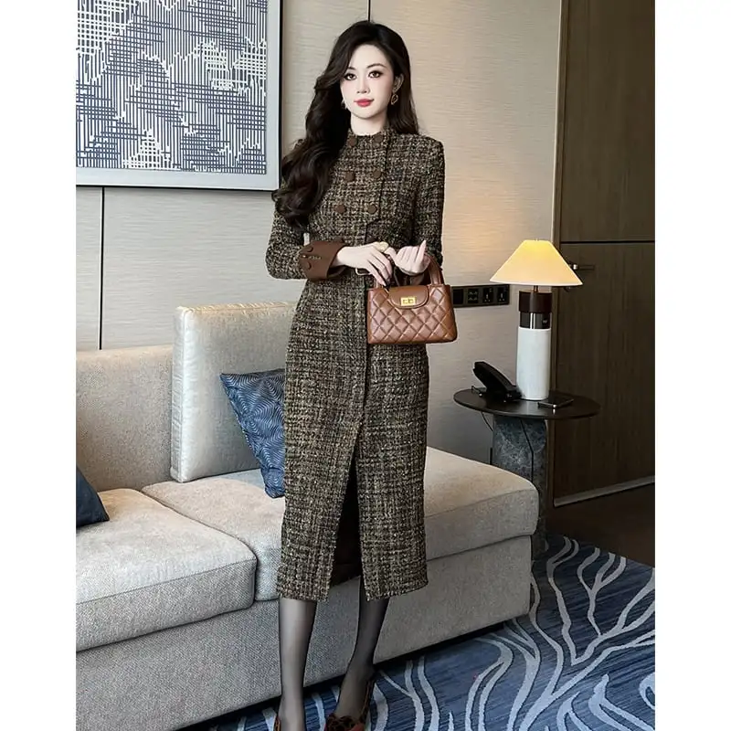 ワンピース ダブルブレスト 気質満点 スリット ブラウン