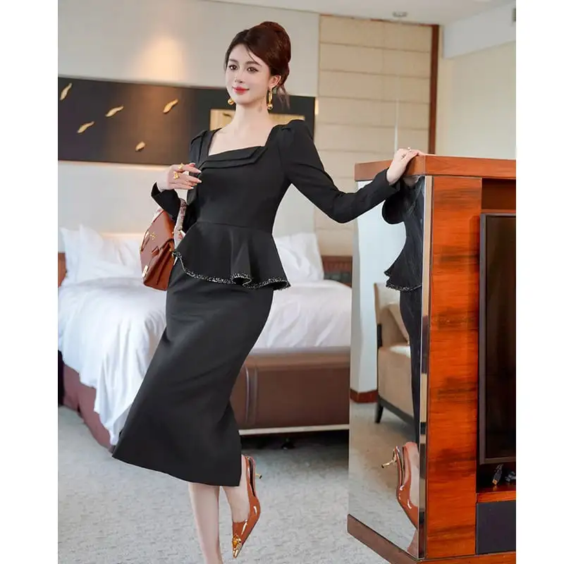 ワンピース スクエアネック ペプラム ブラック