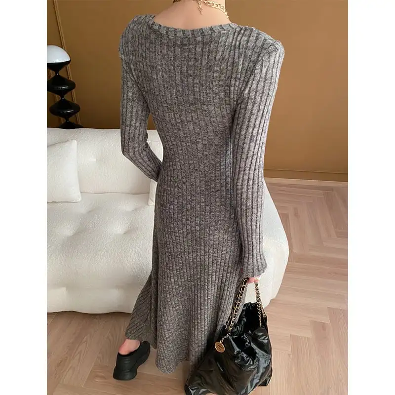 ワンピース シンプル ニット ラウンドネック フィット グレー