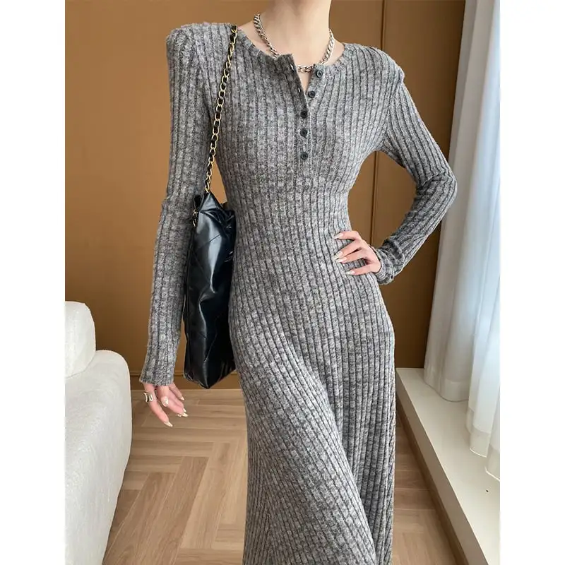 ワンピース シンプル ニット ラウンドネック フィット グレー