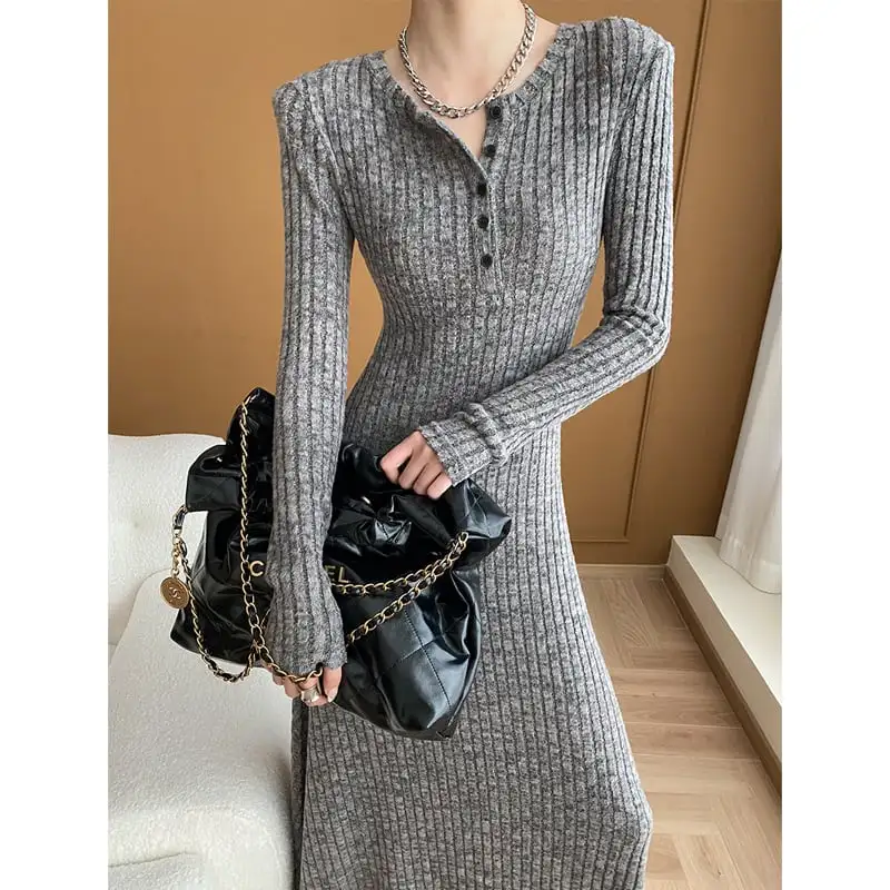 ワンピース シンプル ニット ラウンドネック フィット グレー