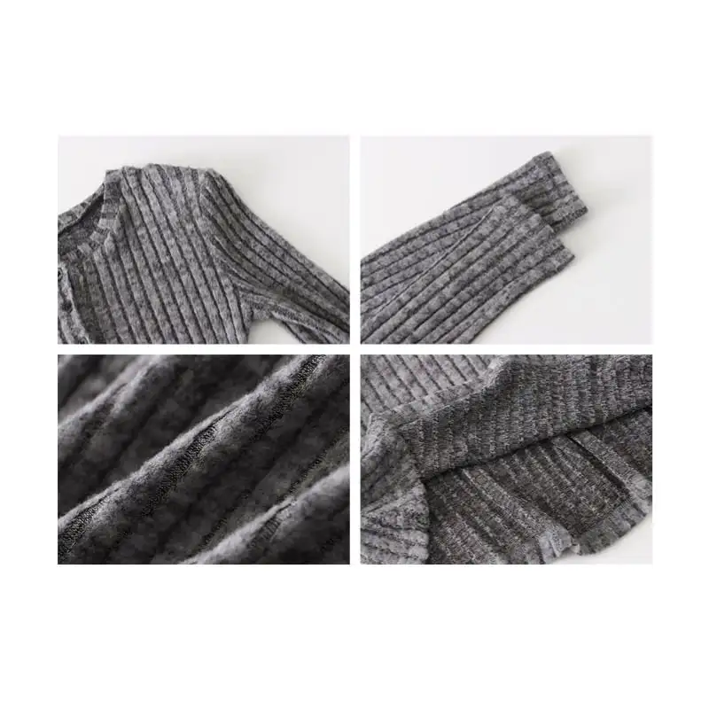 ワンピース シンプル ニット ラウンドネック フィット グレー