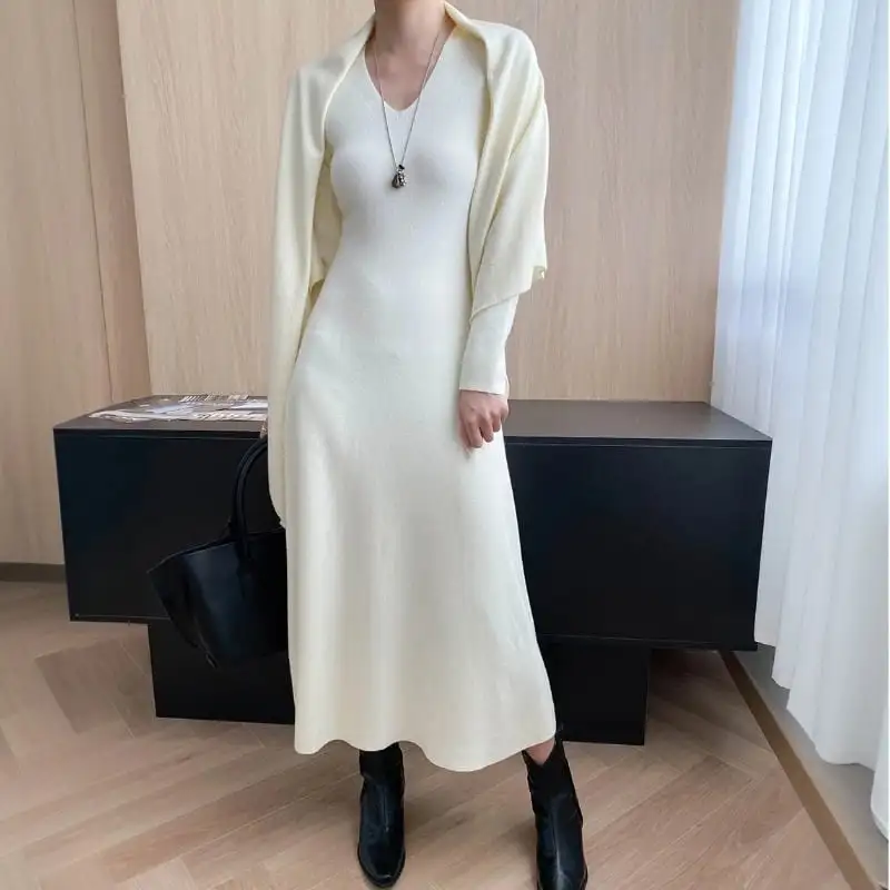 ワンピース ニット ショール付き 無地 長袖 ベージュ ダークグレー ブラック