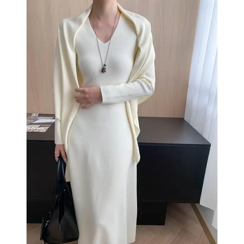 ワンピース ニット ショール付き 無地 長袖 ベージュ ダークグレー ブラック