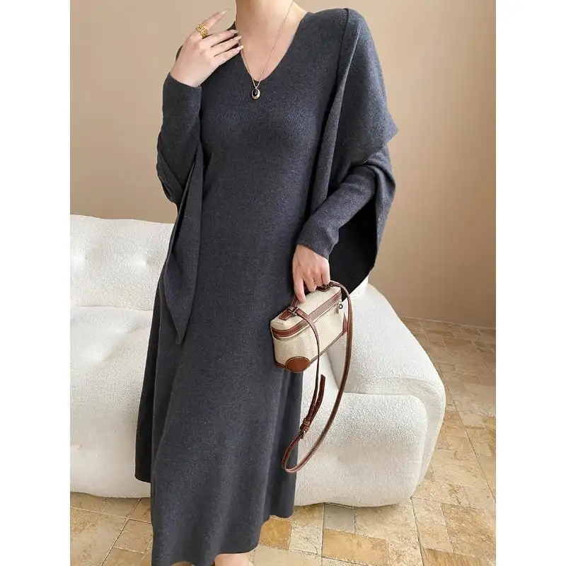 ワンピース ニット ショール付き 無地 長袖 ベージュ ダークグレー ブラック