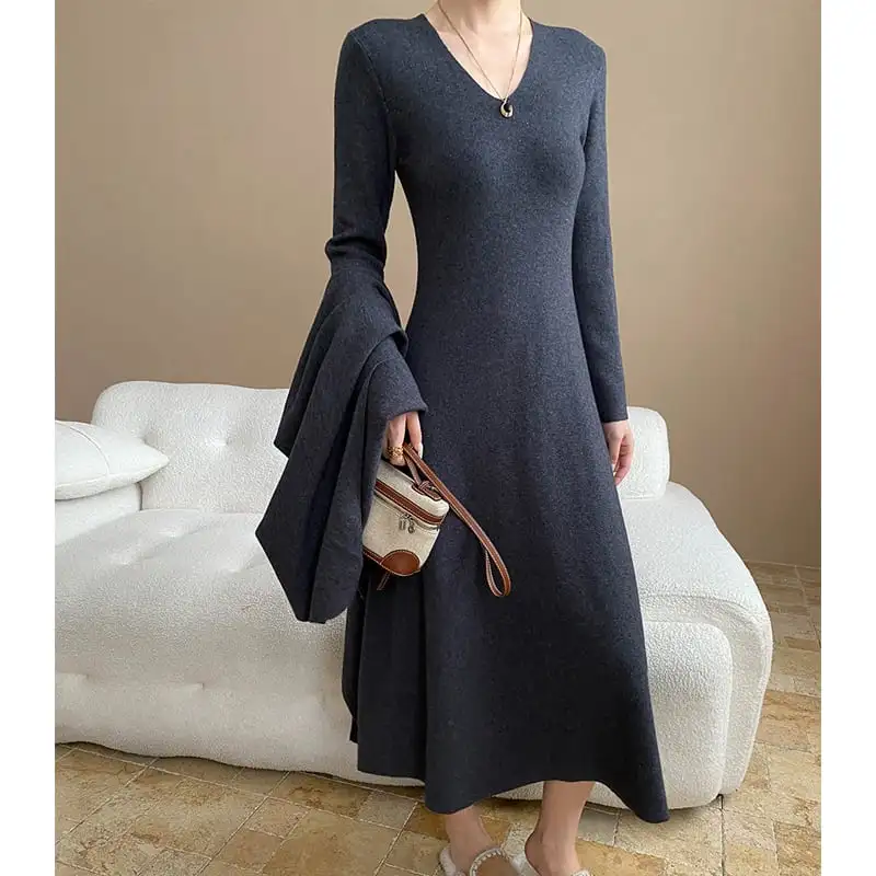 ワンピース ニット ショール付き 無地 長袖 ベージュ ダークグレー ブラック