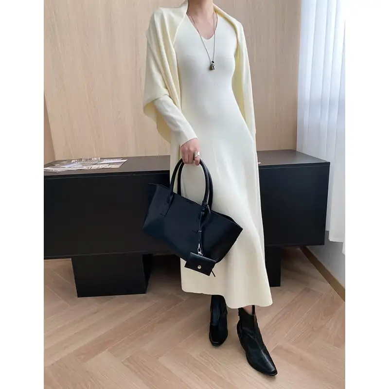 ワンピース ニット ショール付き 無地 長袖 ベージュ ダークグレー ブラック