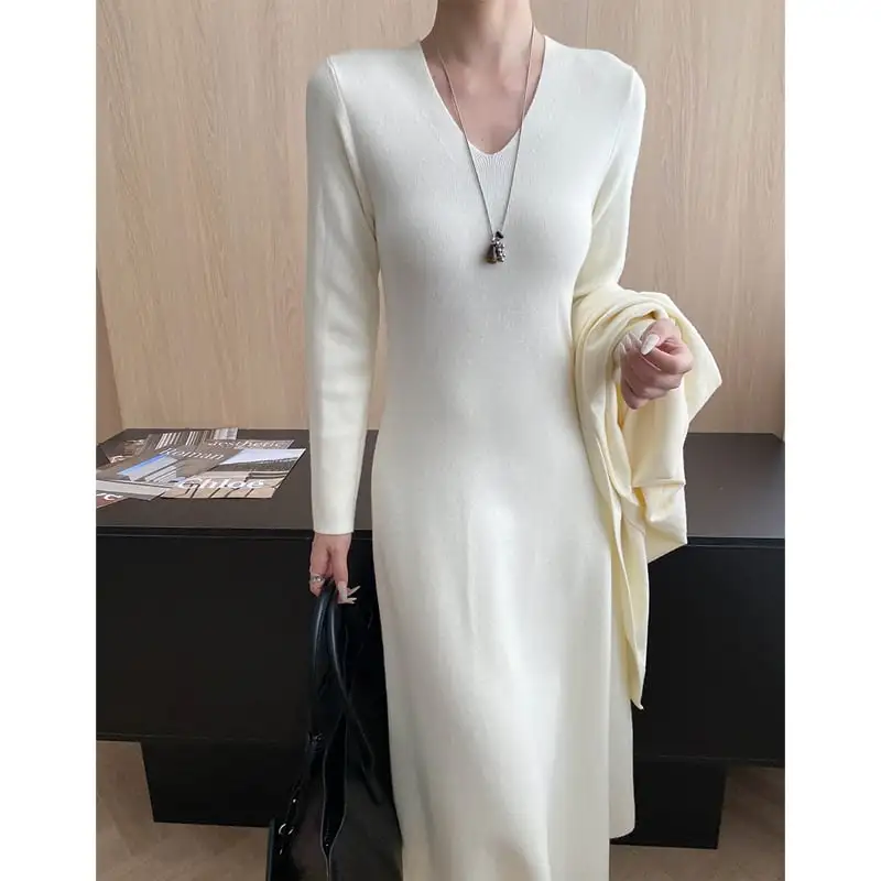 ワンピース ニット ショール付き 無地 長袖 ベージュ ダークグレー ブラック