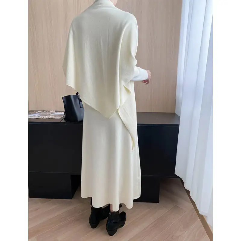 ワンピース ニット ショール付き 無地 長袖 ベージュ ダークグレー ブラック