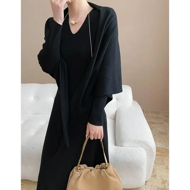 ワンピース ニット ショール付き 無地 長袖 ベージュ ダークグレー ブラック