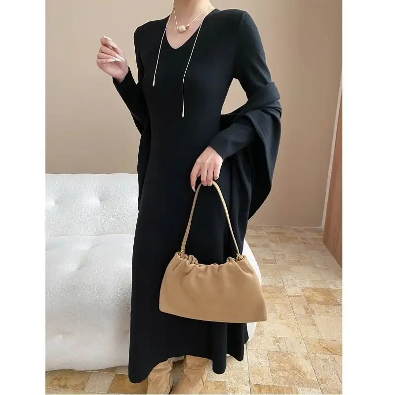 ワンピース ニット ショール付き 無地 長袖 ベージュ ダークグレー ブラック