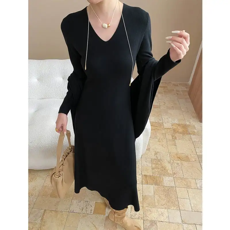 ワンピース ニット ショール付き 無地 長袖 ベージュ ダークグレー ブラック