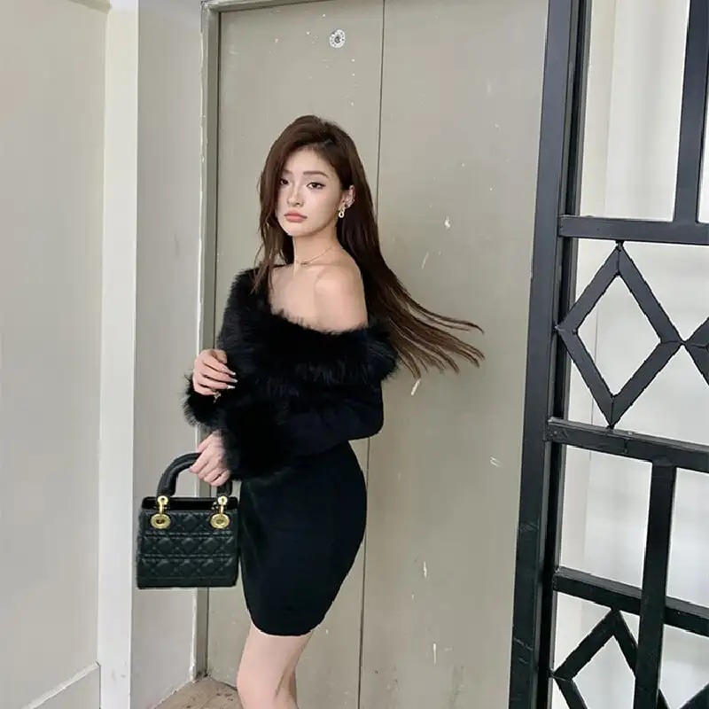 毛がけワンピース セクシー ギャル ミニ丈 ハイウエスト ブラック