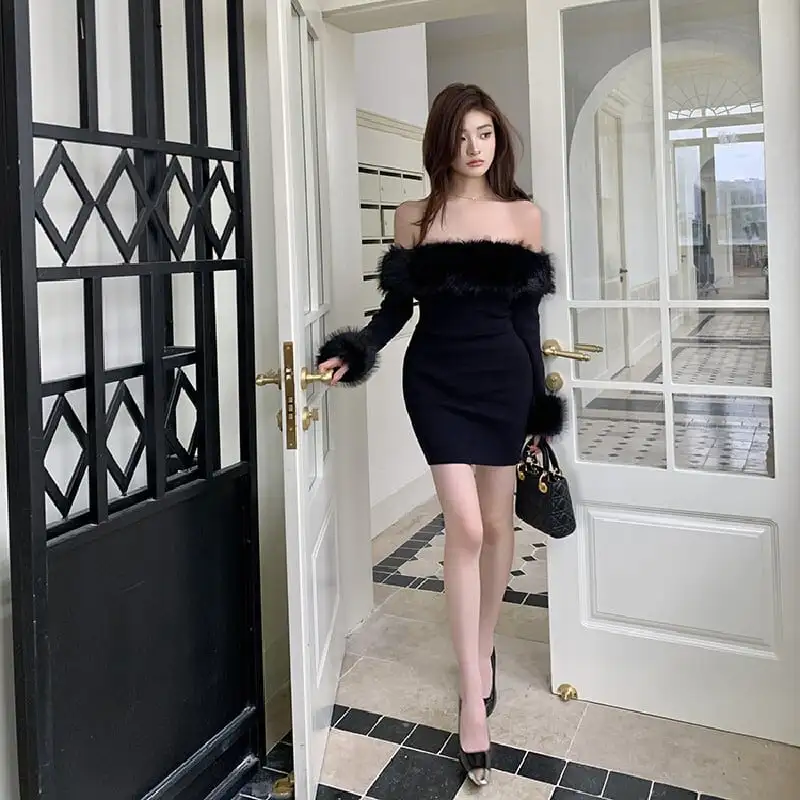 毛がけワンピース セクシー ギャル ミニ丈 ハイウエスト ブラック