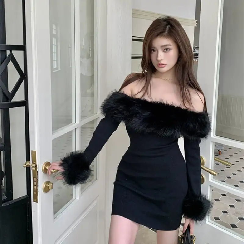 毛がけワンピース セクシー ギャル ミニ丈 ハイウエスト ブラック