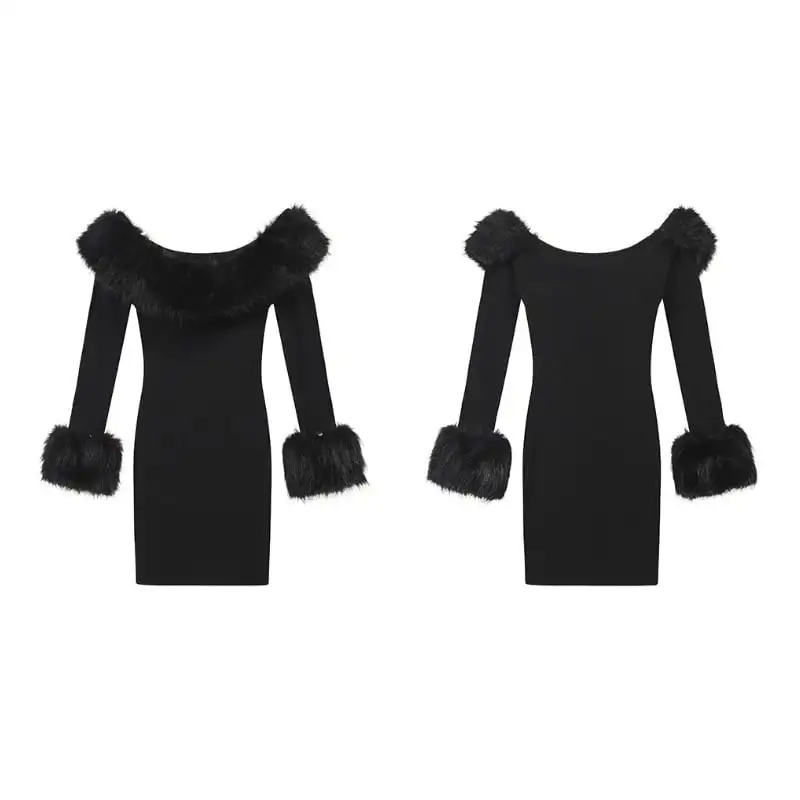 毛がけワンピース セクシー ギャル ミニ丈 ハイウエスト ブラック