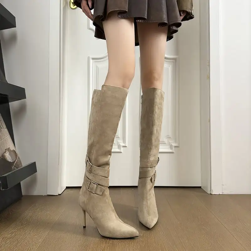 シューズ ブーツ ロングブーツ 細ピール スエード ダークベージュ 8CM