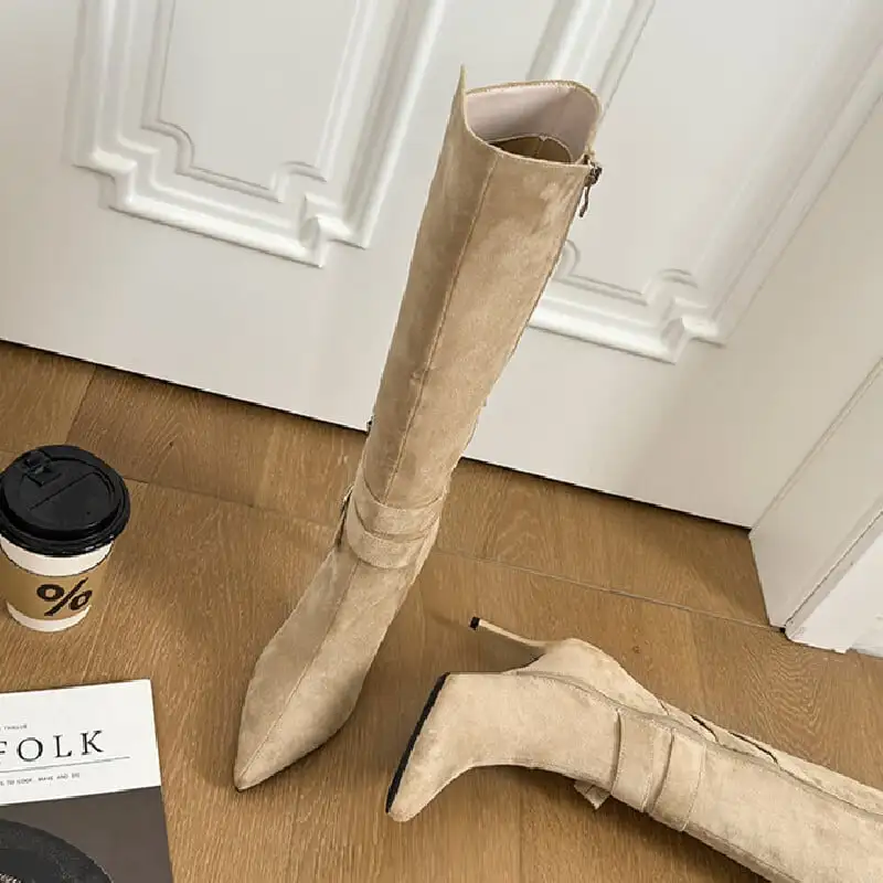 シューズ ブーツ ロングブーツ 細ピール スエード ダークベージュ 8CM