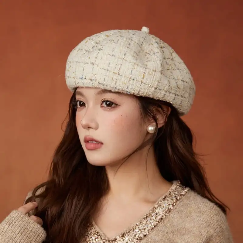 帽子 5色展開 ベレー帽 ツイード チェック柄 ベージュ ブラック