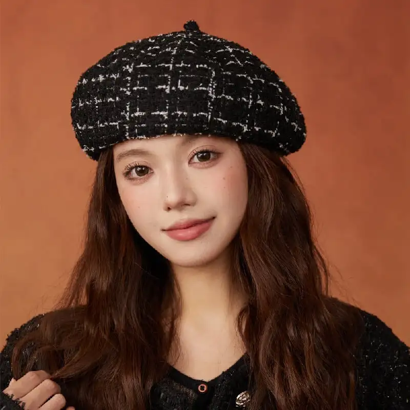 帽子 5色展開 ベレー帽 ツイード チェック柄 ベージュ ブラック