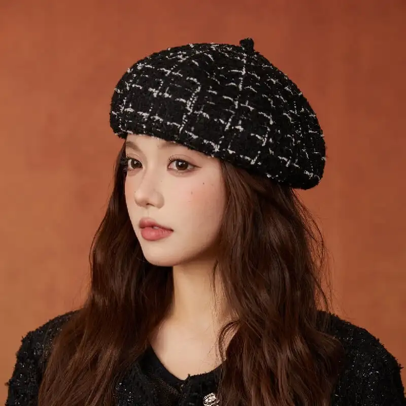 帽子 5色展開 ベレー帽 ツイード チェック柄 ベージュ ブラック