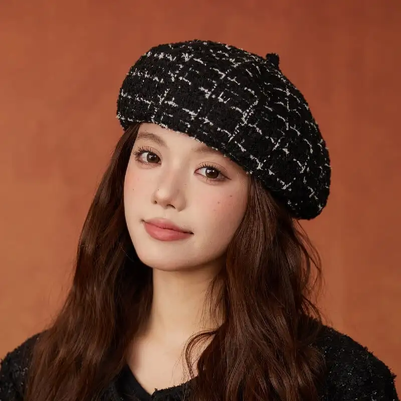 帽子 5色展開 ベレー帽 ツイード チェック柄 ベージュ ブラック