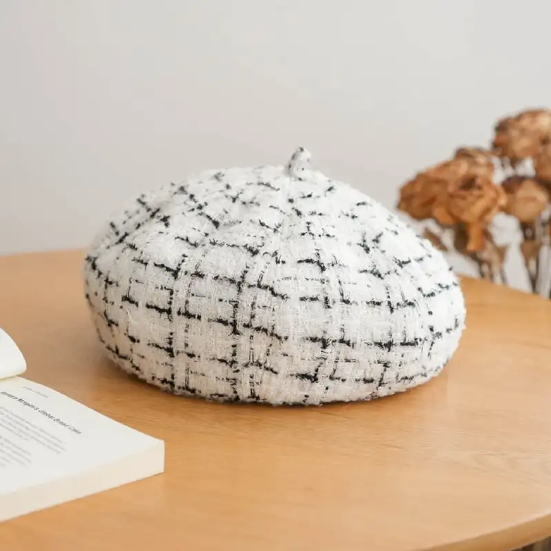 帽子 5色展開 ベレー帽 ツイード チェック柄 ベージュ ブラック