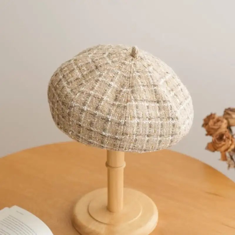 帽子 5色展開 ベレー帽 ツイード チェック柄 ベージュ ブラック