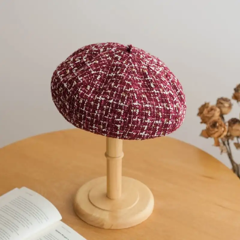 帽子 5色展開 ベレー帽 ツイード チェック柄 ベージュ ブラック