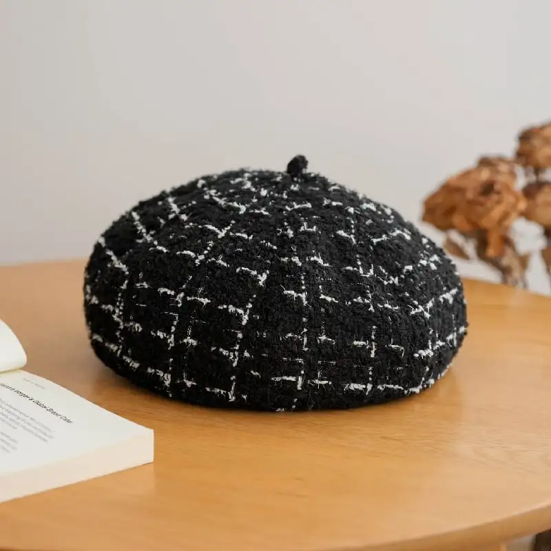 帽子 5色展開 ベレー帽 ツイード チェック柄 ベージュ ブラック
