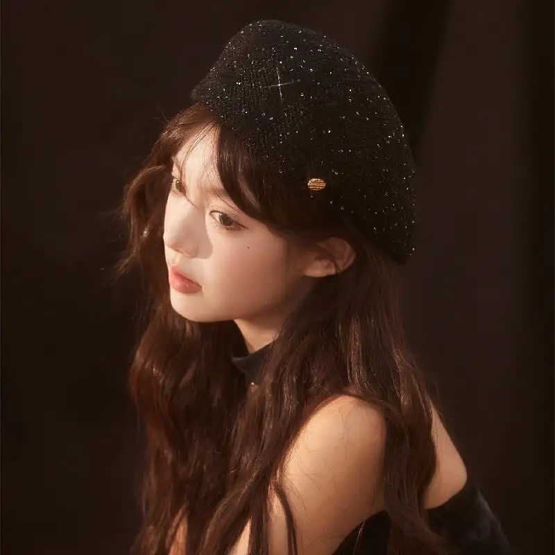帽子 5色展開 ベレー帽 スパンコール キラキラ デート ブラック
