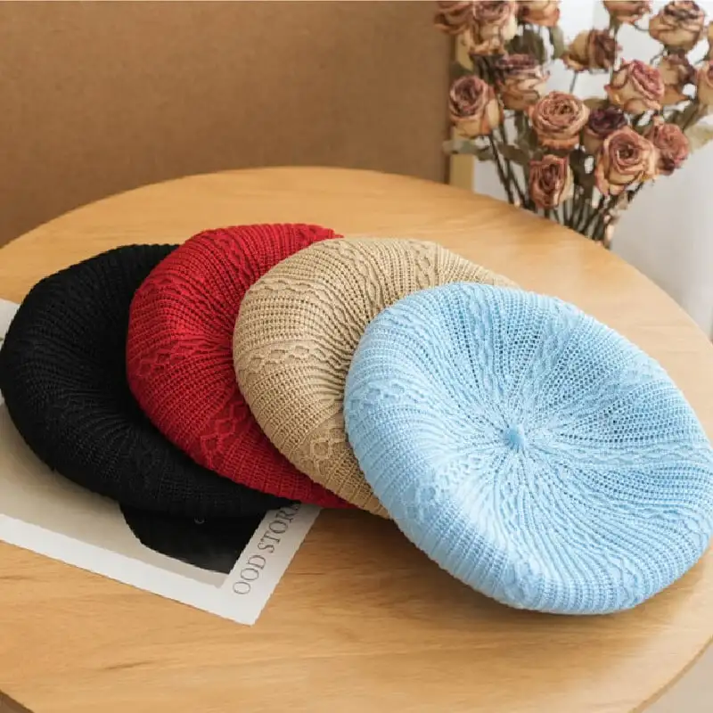 帽子 4色展開 ニットベレー 無地 ベレー帽 レッド ブラック ブルー ライトブラウン