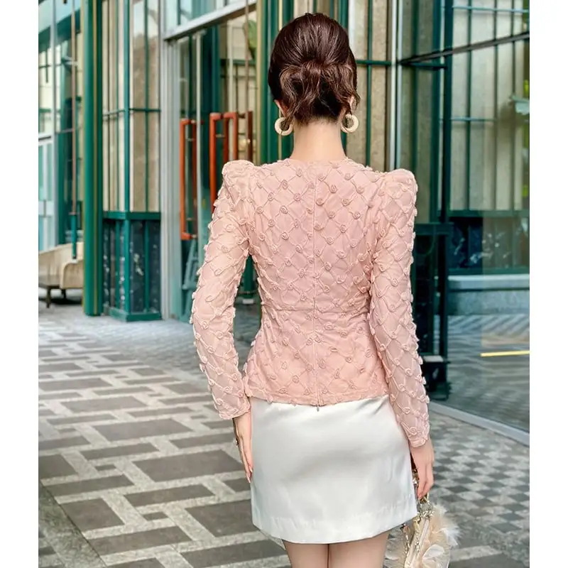 トップス 美シルエット 長袖 メッシュ ピンク