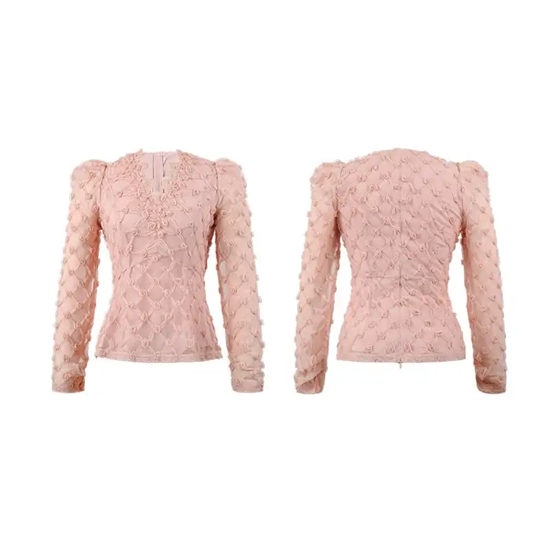 トップス 美シルエット 長袖 メッシュ ピンク