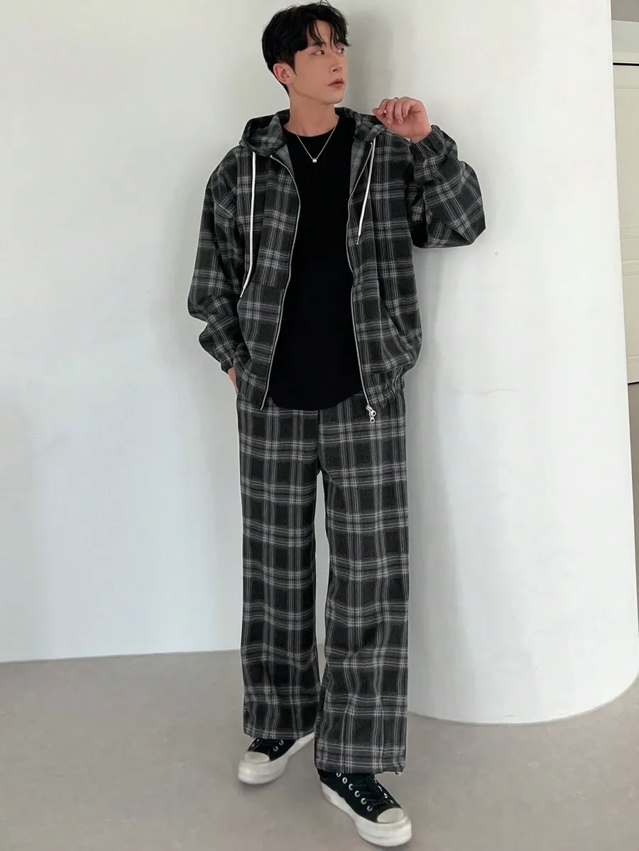チェック柄 フード付き ジップアップ ロングスリーブ ジャケット ポケット付き スウェットパンツ セット
