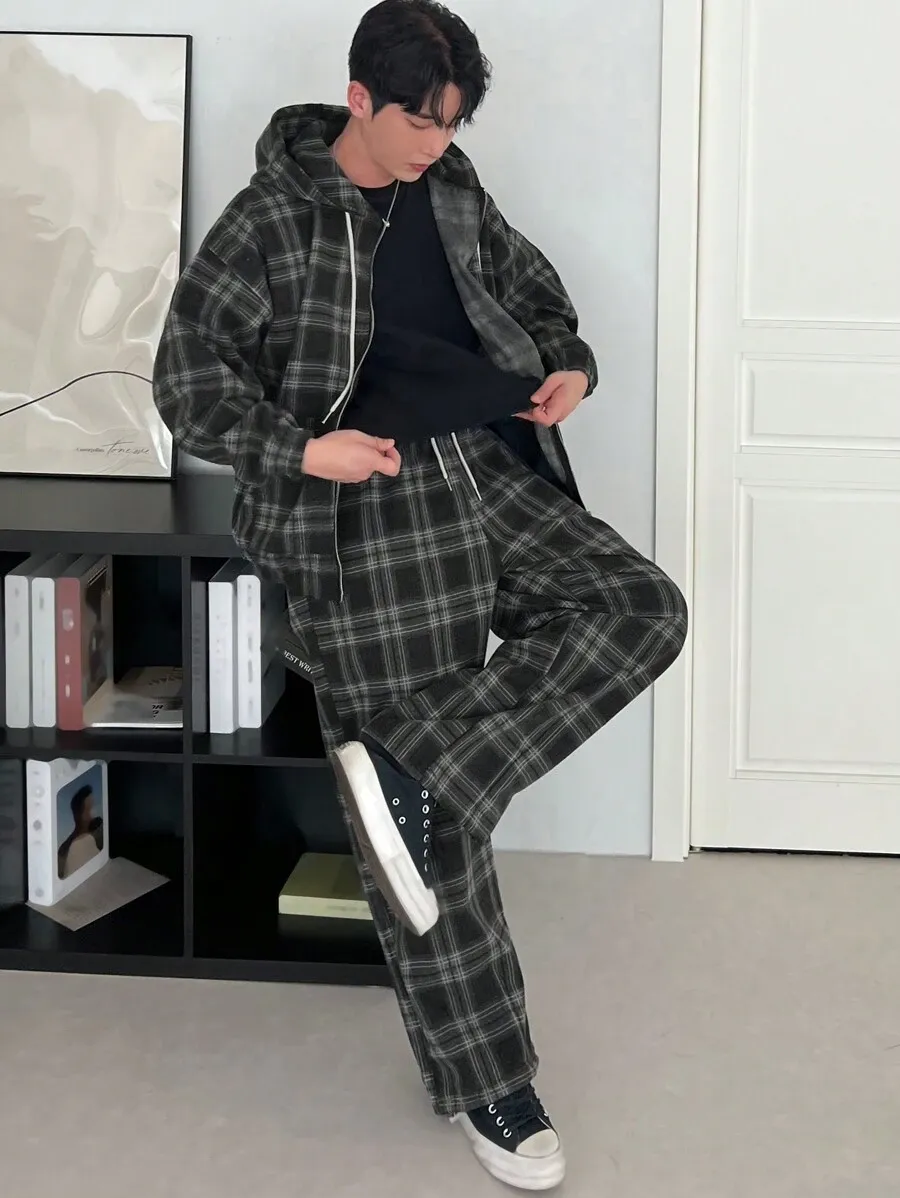 チェック柄 フード付き ジップアップ ロングスリーブ ジャケット ポケット付き スウェットパンツ セット