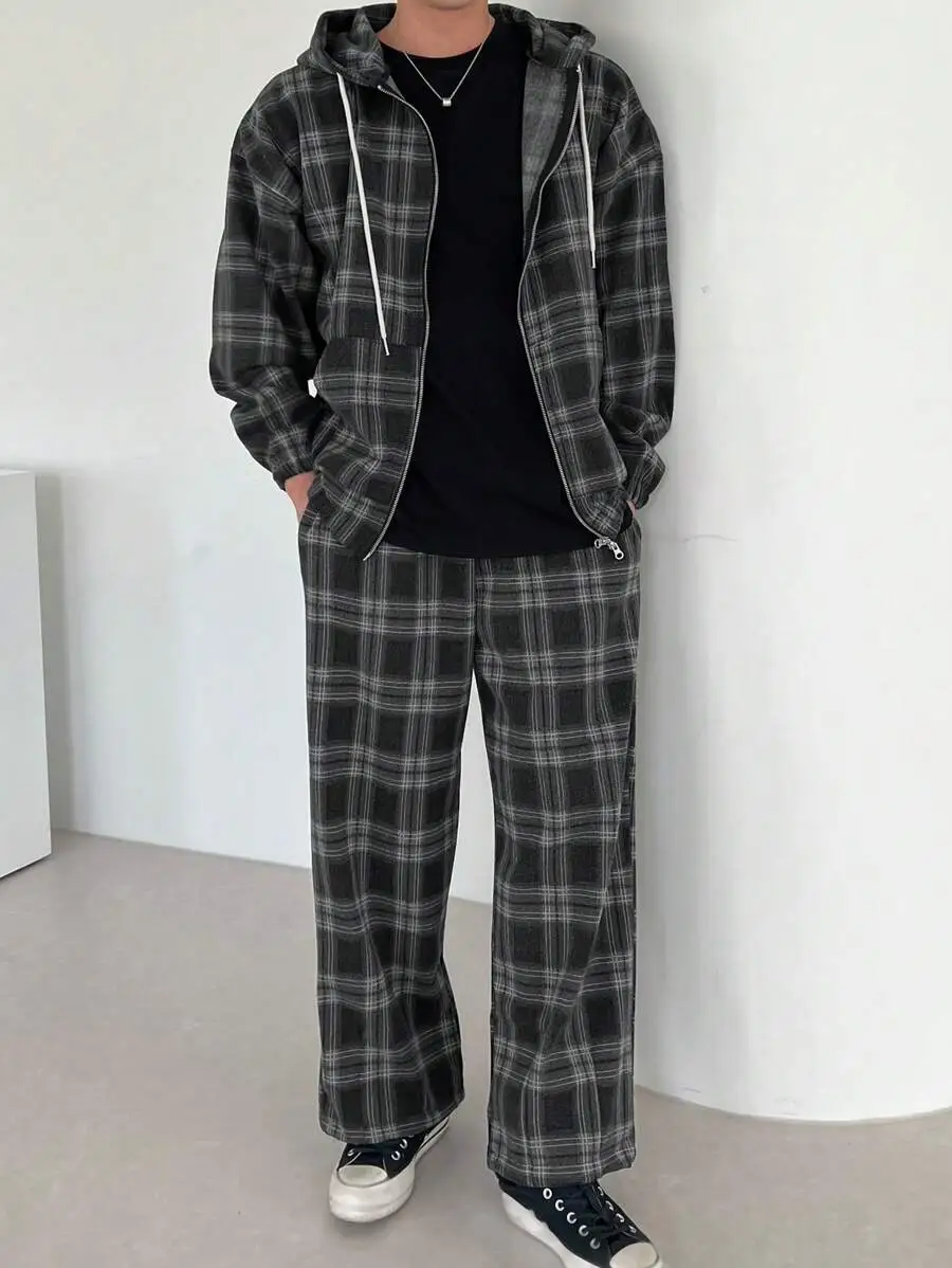 チェック柄 フード付き ジップアップ ロングスリーブ ジャケット ポケット付き スウェットパンツ セット